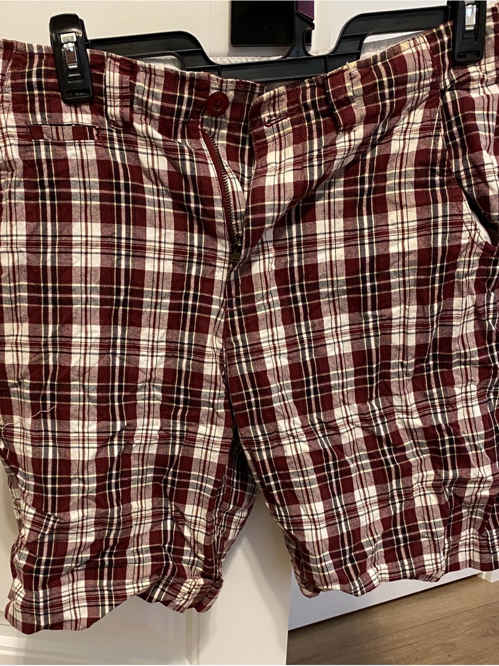 Red Camel Men's Burgundy and White Plaid Flat Front Shorts